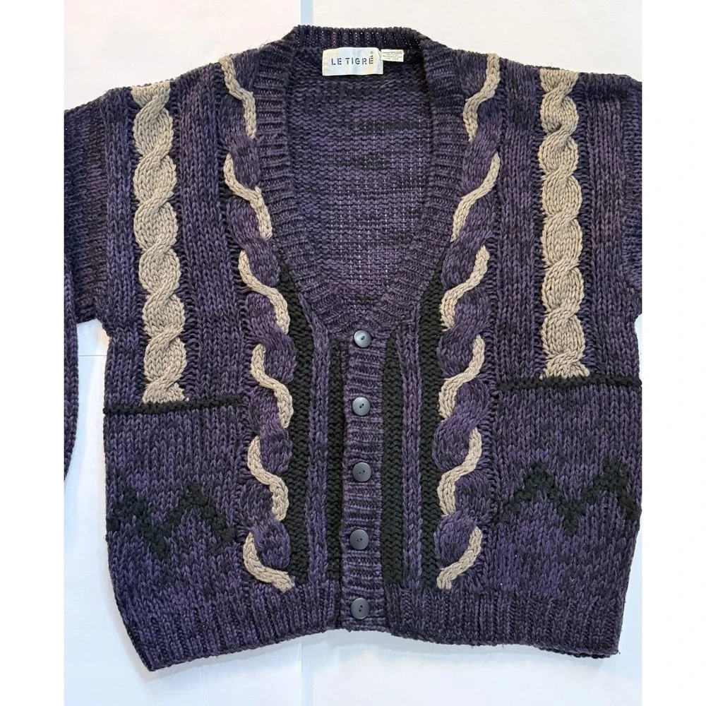 Vintage Le Tigre Cardigan Purple and Brown XL Chunky Knit Cosby Grandpacore